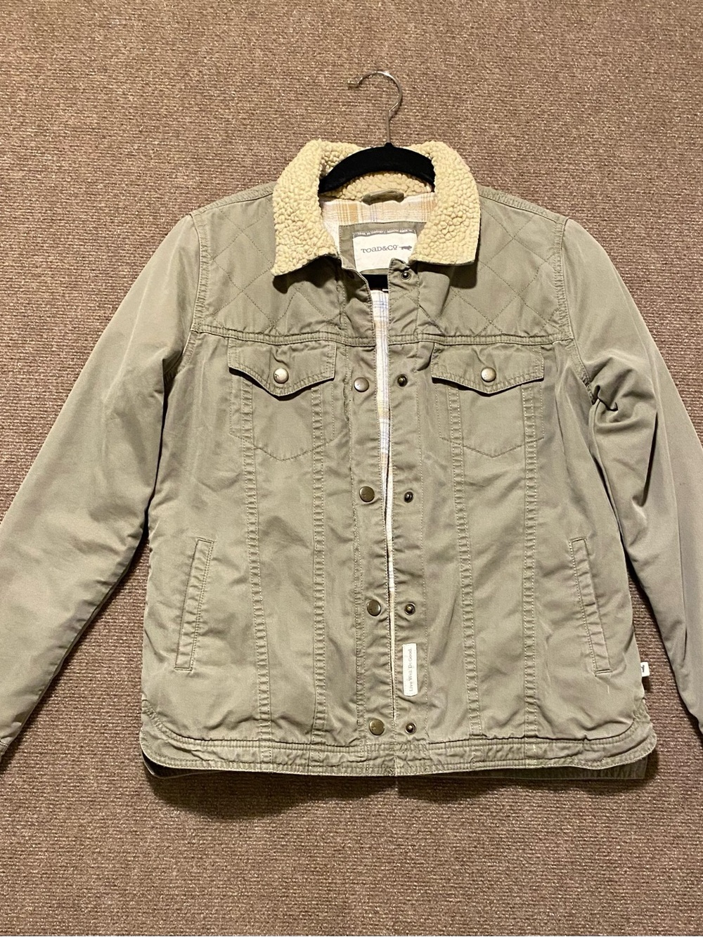 Toad&Co Olive/Khaki Green Utility Jacket with Cream Sherpa Collar Size S